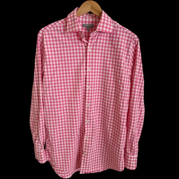 Peter Millar Mens Medium Wicking Pink Gingham Check Button Up Shirt Stretch - Picture 1 of 4